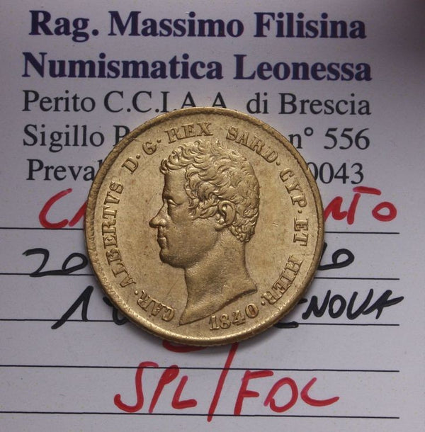 NL* SAVOIA CARLO ALBERTO 20 Lire ORO GOLD 1840 GenovaSPL/FDC Perizia Filisina M