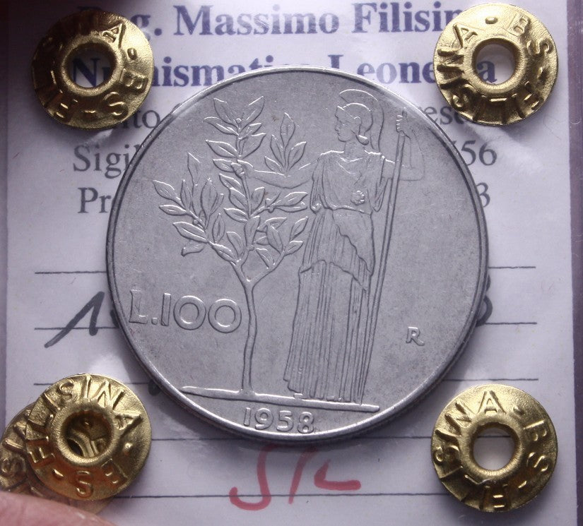 NL* ITALIA Repubblica 100 LIRE MINERVA 1958 SPL Perizia Filisina Massimo