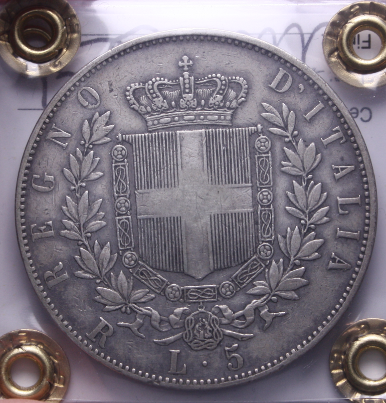 NL* VEII 5 LIRE Argento 1876 ROMA R SPOSTATA A SINISTRA RARA BB Perizia Filisina