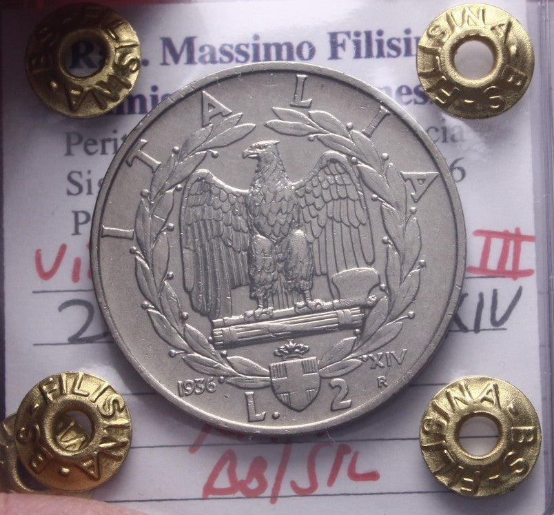 NL* VEIII Italia 2 LIRE IMPERO 1936 XIV RARA BB/SPL Perizia Filisina Massimo **