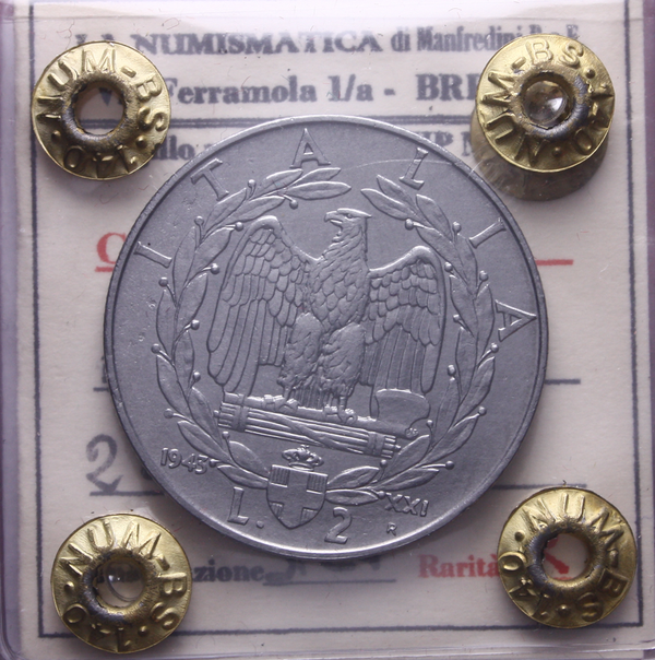 NL* VEIII 2 LIRE IMPERO 1943 XX1 RARA SPL+ Perizia Manfredini Paolo