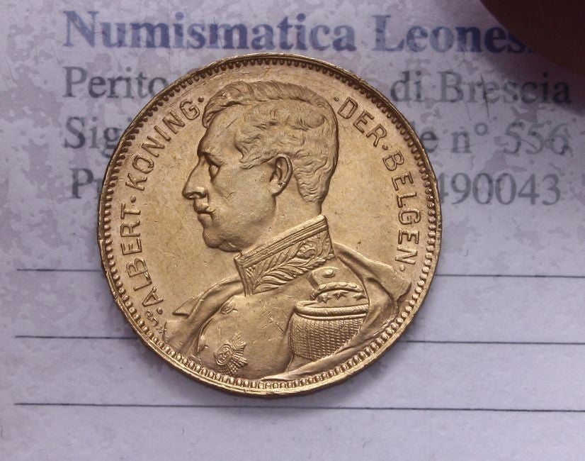 NL* BELGIO RE ALBERTO I Marengo 20 FRANCHI ORO GOLD 1914 Legende Francesi