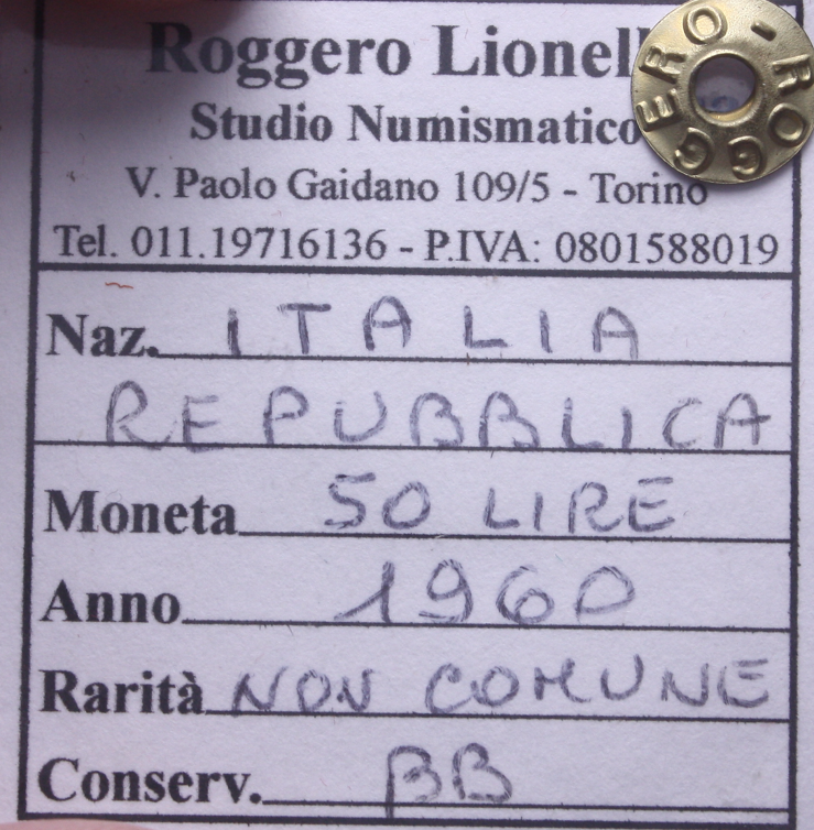 NL* ITALIA Repubblica 50 LIRE VULCANO 1960 NC BB Sigillo Roggero Lionello