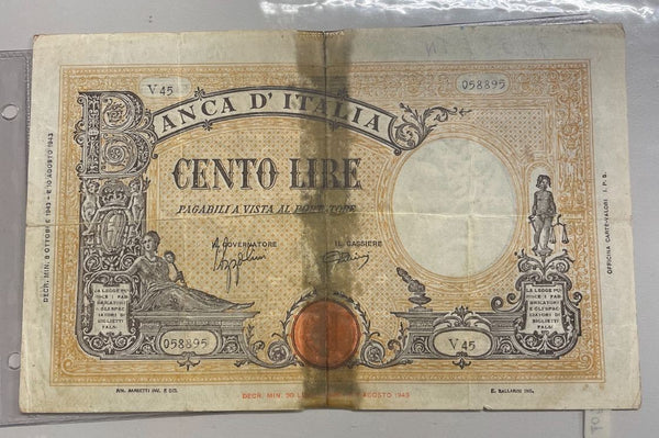 NL* BANCA ITALIA Banconota 100 LIRE BARBETTI B GRANDE 8 Ottobre 1943 v45