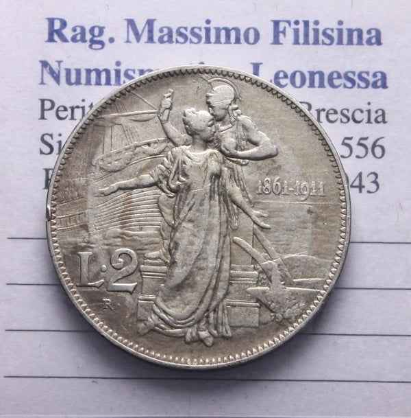 NL* VEIII RE D'ITALIA 2 Lire ARGENTO 1911 CINQUANTENARIO eccellente conservazion