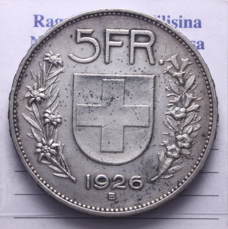 NL* SVIZZERA HELVETIA 5 FRANCHI Argento 1926 B come da foto