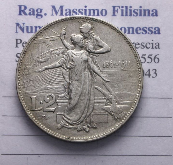 NL* VEIII RE D'ITALIA 2 Lire ARGENTO 1911 CINQUANTENARIO eccellente conservaz *