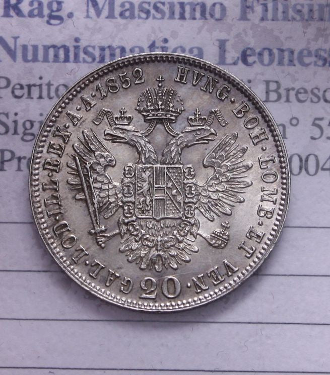 NL* AUSTRIA FRANZ JOSEPH 20 KREUZER ARGENTO 1852 superba conservazione