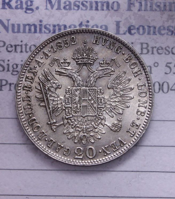 NL* AUSTRIA FRANZ JOSEPH 20 KREUZER ARGENTO 1852 superba conservazione