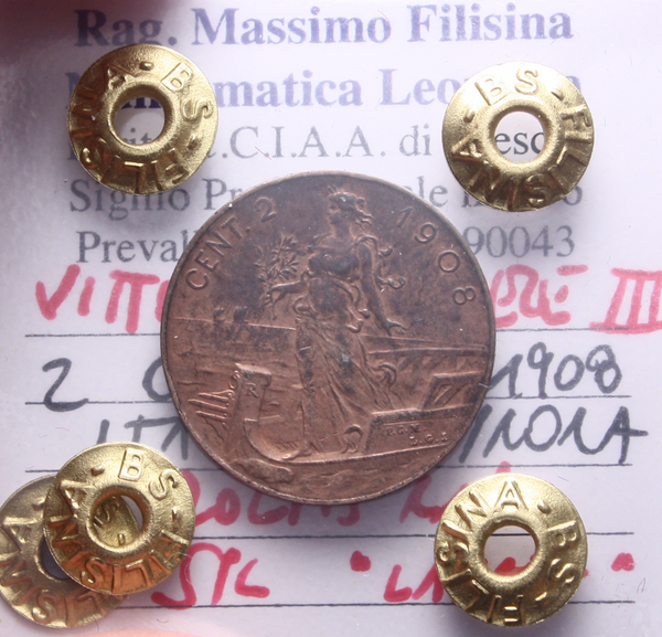 NL* VEIII Italia 2 CENTESIMI PRORA 1908 MOLTO RARA SPL "LAVATA" Perizia Filisina