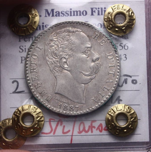 NL* UMBERTO I 2 LIRE ARGENTO 1887 ROMA RARA SPL/QFDC Perizia Filisina Massimo