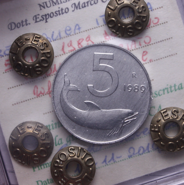 NL* Italia Repubblica 5 LIRE DELFINO 1989 TIMONE ROVESCIATO FDC Perizia Esposito