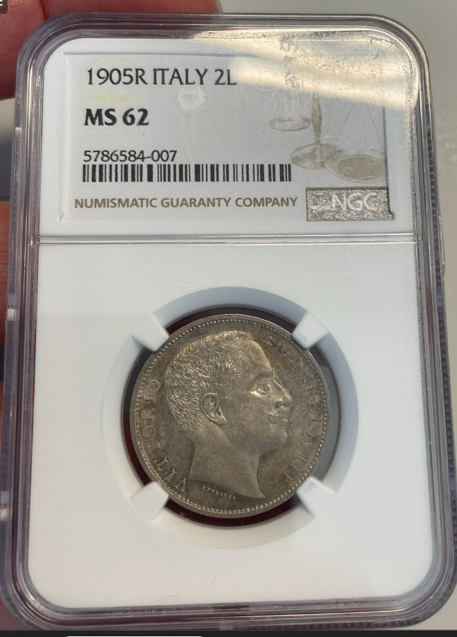 NL* VEIII 2 LIRE ARGENTO 1905 AQUILA SABAUDA in Slab MS62 NCG USA