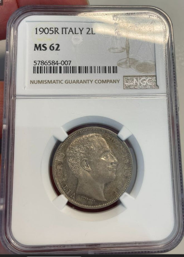 NL* VEIII 2 LIRE ARGENTO 1905 AQUILA SABAUDA in Slab MS62 NCG USA