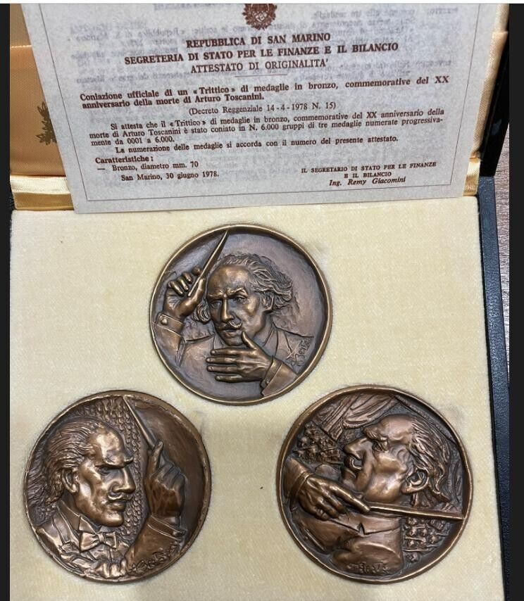 NL* SAN MARINO TRITTICO MEDAGLIE BRONZO 1978 ARTURO TOSCANINI FDC in set origin