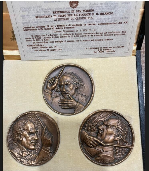 NL* SAN MARINO TRITTICO MEDAGLIE BRONZO 1978 ARTURO TOSCANINI FDC in set origin