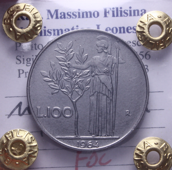NL* Italia Repubblica 100 LIRE MINERVA 1964 FDC Perizia Filisina Massimo