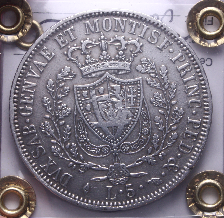 NL* CARLO FELICE 5 LIRE ARGENTO 1826 TORINO BB/SPL Perizia Filisina Massimo