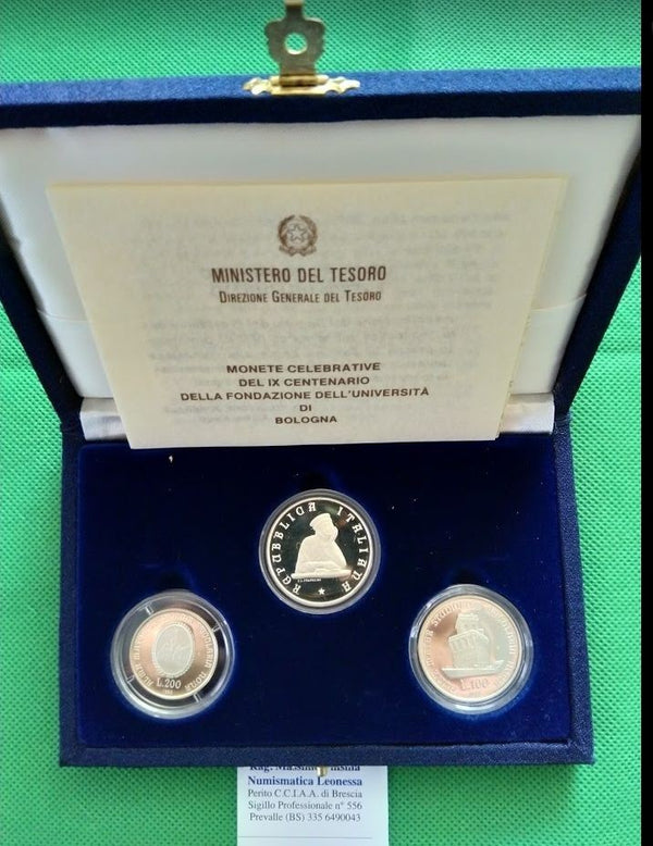 NL* ITALIA Trittico 500 + 200 + 100 LIRE Argento 1988 UNIVERSITA' BOLOGNA PROOF