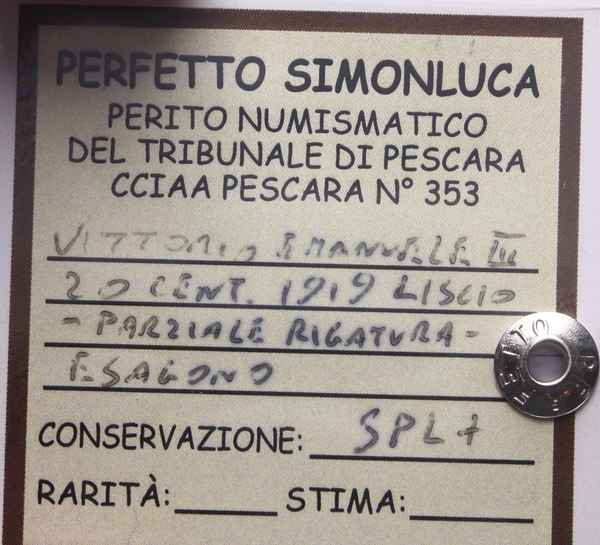 NL* VEIII ITALIA 20 CENTESIMI ESAGONO 1919 PARZ. RIGATO SPL+ Perizia Perfetto