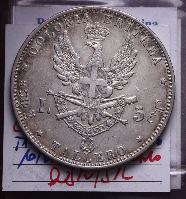 NL* UMBERTO I COLONIA ERITREA Tallero 5 LIRE ARGENTO 1896 RR QSPL/SPL Filisina