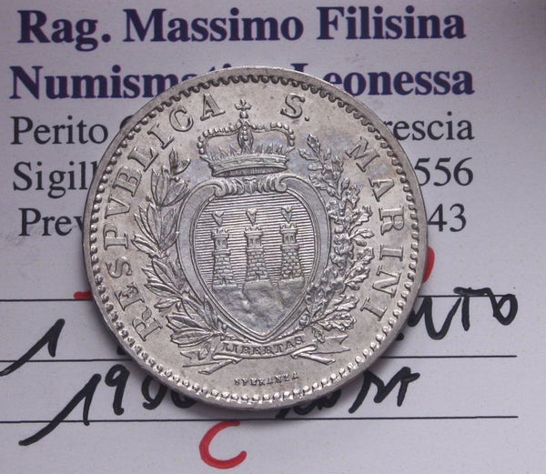 NL* SAN MARINO 1 LIRA Argento 1906 ROMA Q.FDC/FDC Perizia Filisina Massimo