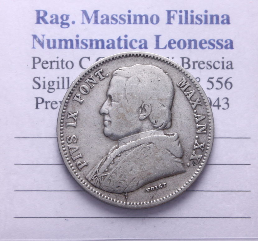 NL* STATO PONTIFICIO PAPA PIO IX 20 BAIOCCHI Argento 1865 XX ottima conservaz.