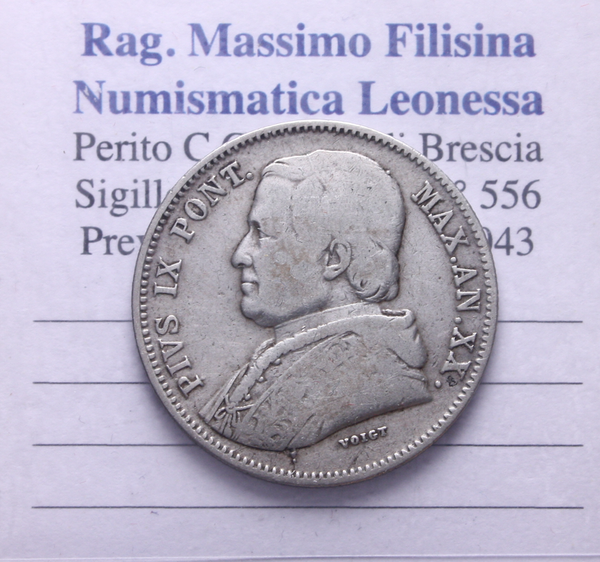 NL* STATO PONTIFICIO PAPA PIO IX 20 BAIOCCHI Argento 1865 XX ottima conservaz.