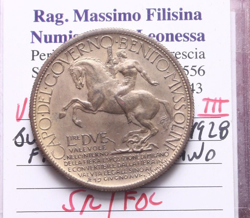 NL* VEIII BUONO 2 LIRE 1928 FIERA di MILANO SPL/FDC Perizia Filisina Massimo