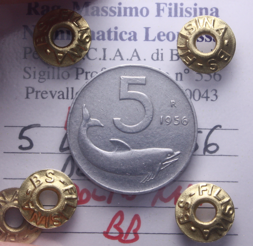 NL* Italia Repubblica 5 LIRE DELFINO 1956 MOLTO RARA BB Perizia Filisina Massimo
