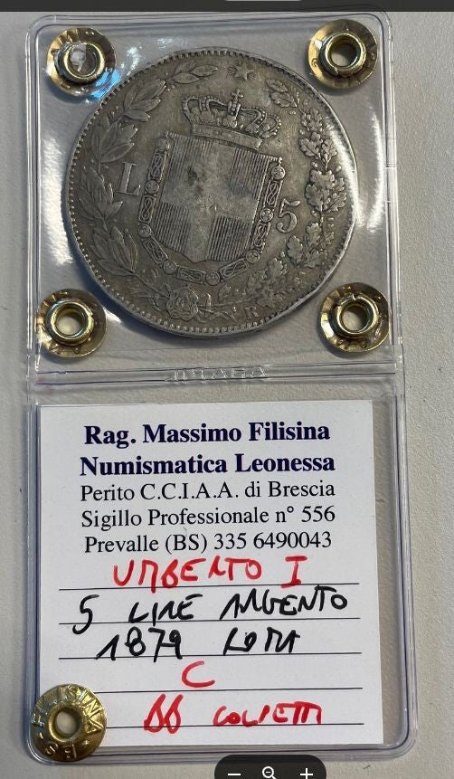 NL* UMBERTO I RE D'ITALIA Scudo 5 LIRE ARGENTO 1879 ROMA BB C Perizia Filisina
