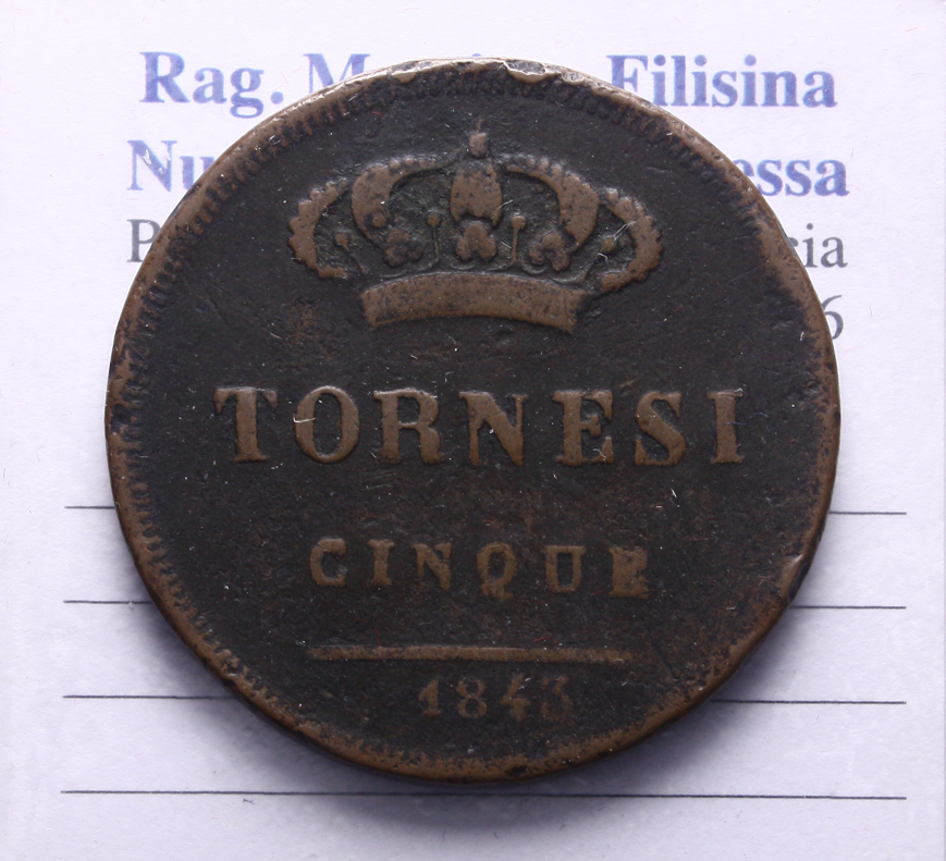 NL* REGNO DELLE DUE SICILIE FERDINANDO II 5 TORNESI in rame 1843 NC come da foto