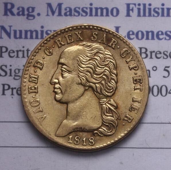 NL*VITTORIO EMANUELE I Marengo 20 LIRE GOLD 1818 TURIN RARE VF+ Filisina Grading