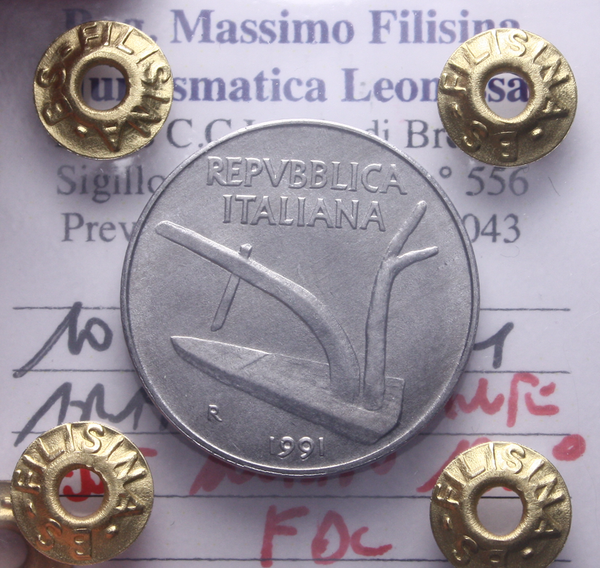 NL* Italia Repubblica 10 LIRE 1991 ASSE RUOTATO 180° FDC Perizia Filisina