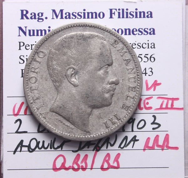 NL* VEIII 2 LIRE ARGENTO 1903 AQUILA Sabauda RRR R3 Q.BB/BB Perizia Filisina M