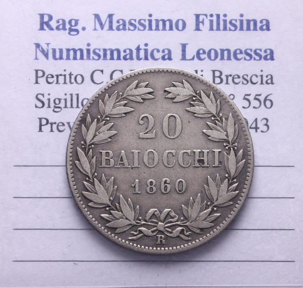 NL* STATO PONTIFICIO PAPA PIO IX 20 BAIOCCHI Argento 1860 XIV ottima conservaz.