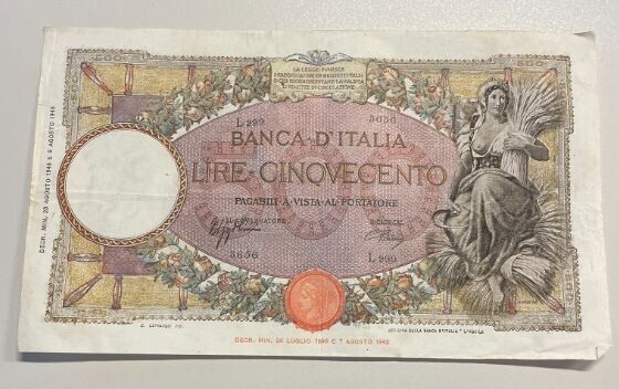 EN* BANK OF ITALY 500 LIRE HARVESTER Banknote August 23, 1943 RRR R3 3656 L299