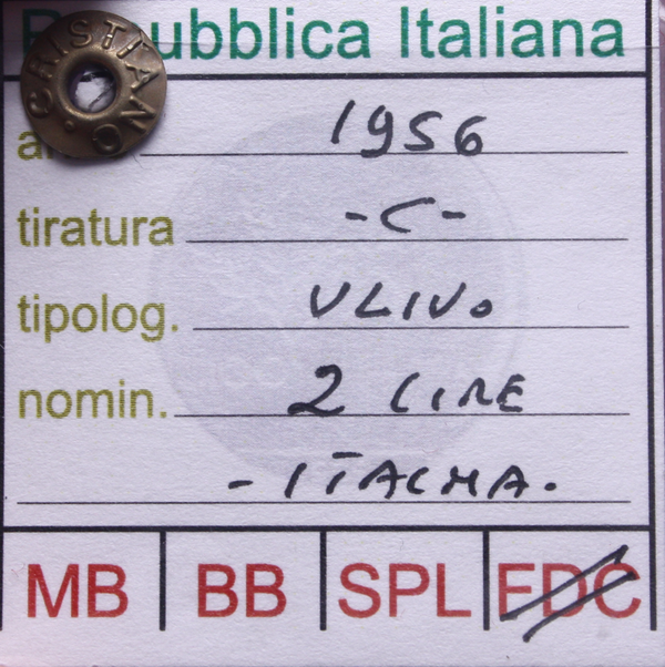 NL* Italia Repubblica 2 Lire ULIVO 1956 FDC Perizia Cristiano Ferdinando