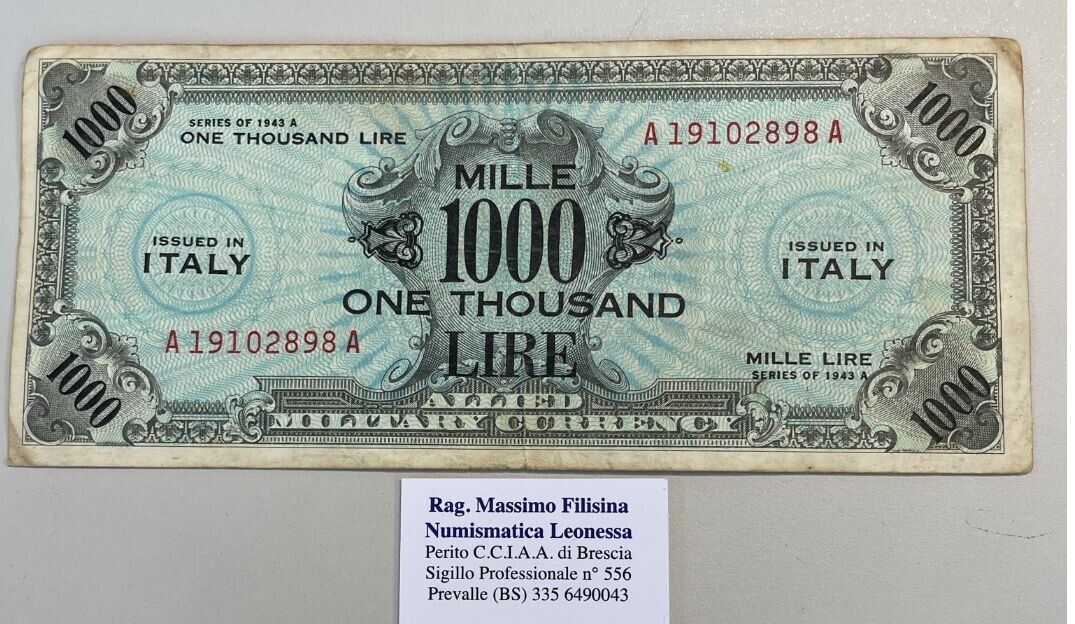 NL* ITALY Banknote MILITARY OCCUPATION 1000 AM LIRE 1943 A Bilingual *898A