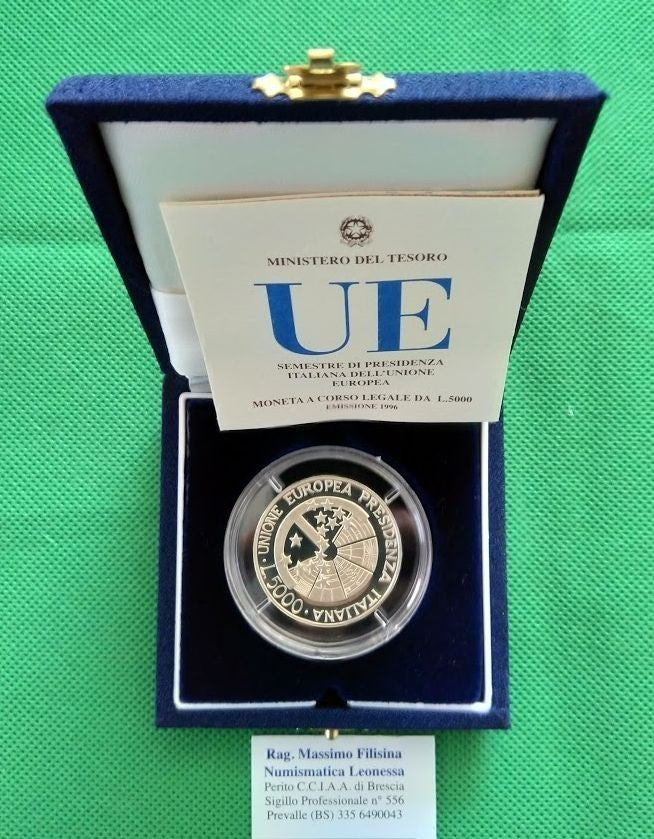 NL* ITALIA 5000 Lire Argento 1996 SEMESTRE PRESIDENZA UE PROOF FS SET Zecca