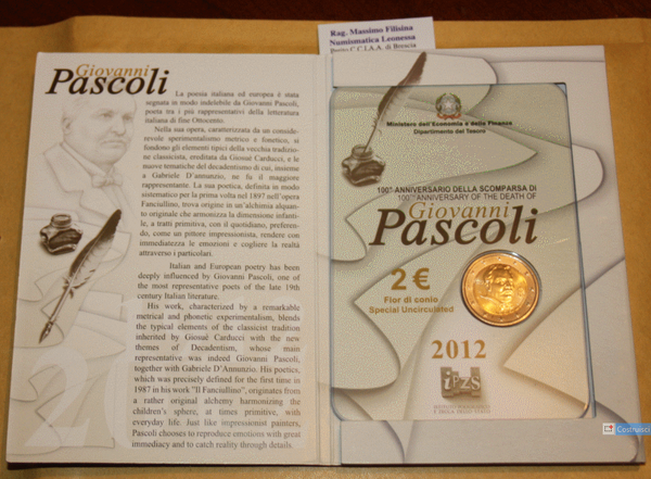 NL* ITALIA Repubblica 2 EURO 2012 GIOVANNI PASCOLI FDC set zecca