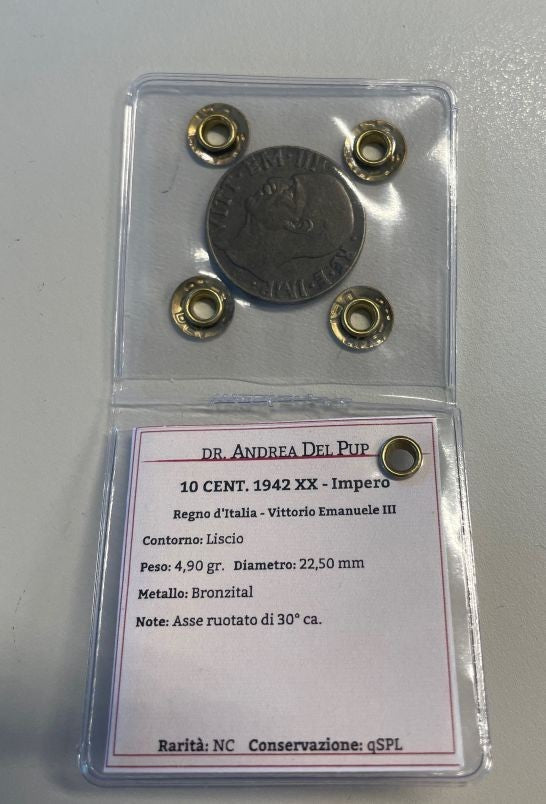 NL* VEIII 10 CENTESIMI IMPERO 1942 ASSE RUOTATO di 30° QSPL Perizia DEL PUP A.
