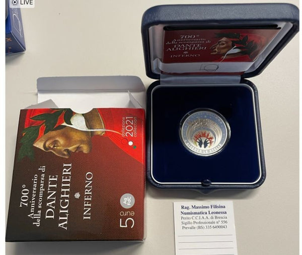 NL* ITALIA Repubblica 5 EURO ARGENTO 2021 DANTE ALIGHIERI INFERNO FDC set zecca