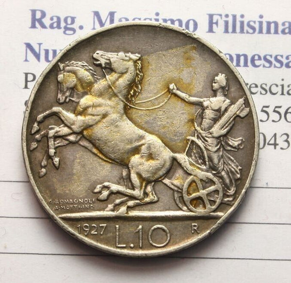 NL* VEIII ITALIA 10 Lire Argento BIGA 1927 ** 2 ROSETTE Ottima con patina